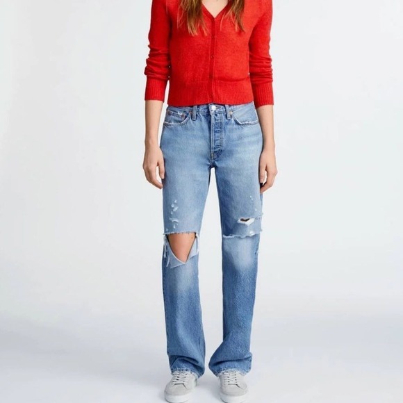 RE/DONE 90s Comfy Jean - Sunfaded Destroy Women's Size 26 Distressed NWT Revolve - Picture 2 of 14